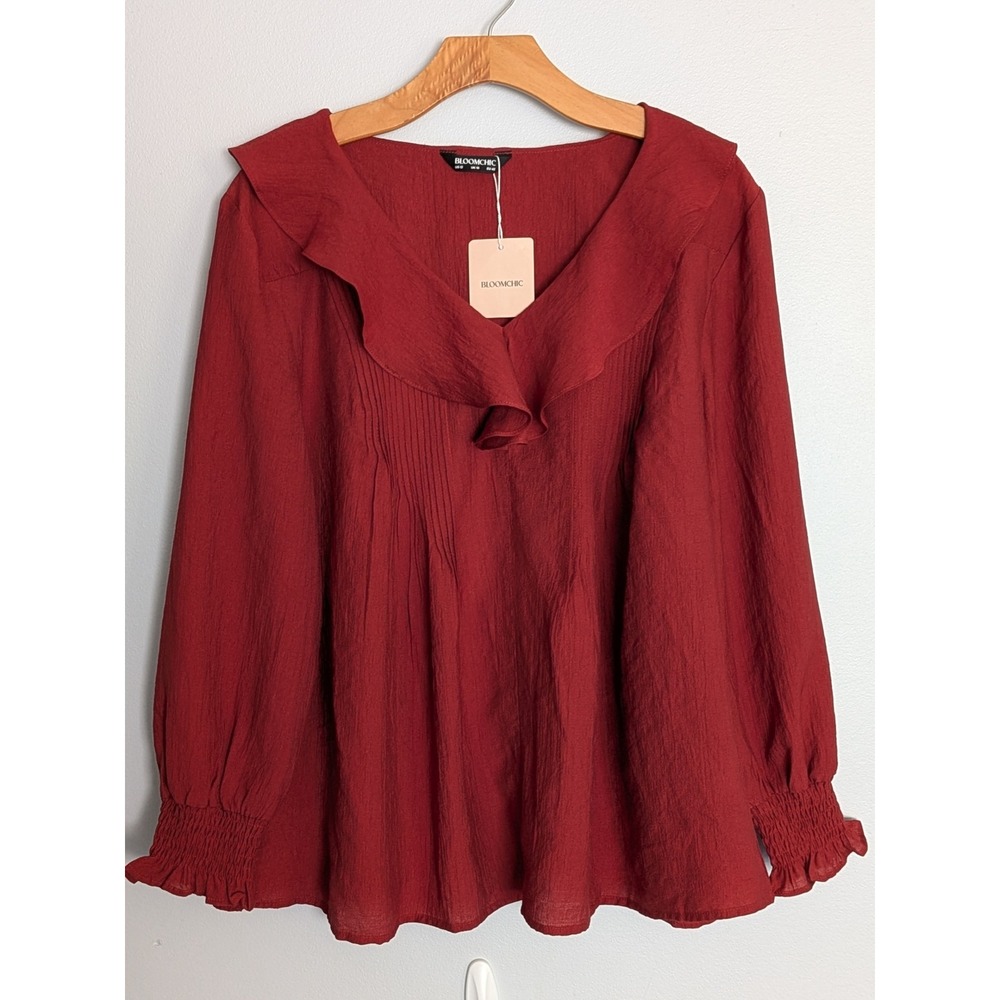 Burgundy Red Ruffle Collar Bloomchic Pintuck Blouse Smocked Cuff Top Womens 12